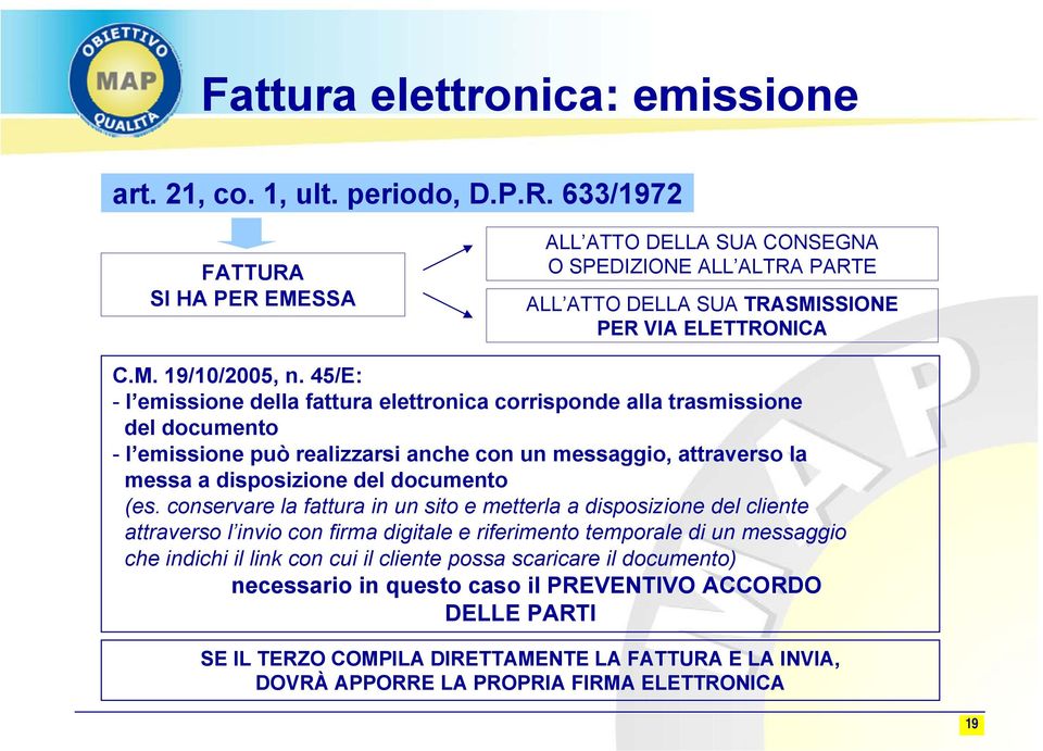 45/E: - l emissione della fattura elettronica corrisponde alla trasmissione del documento - l emissione può realizzarsi anche con un messaggio, attraverso la messa a disposizione del documento (es.