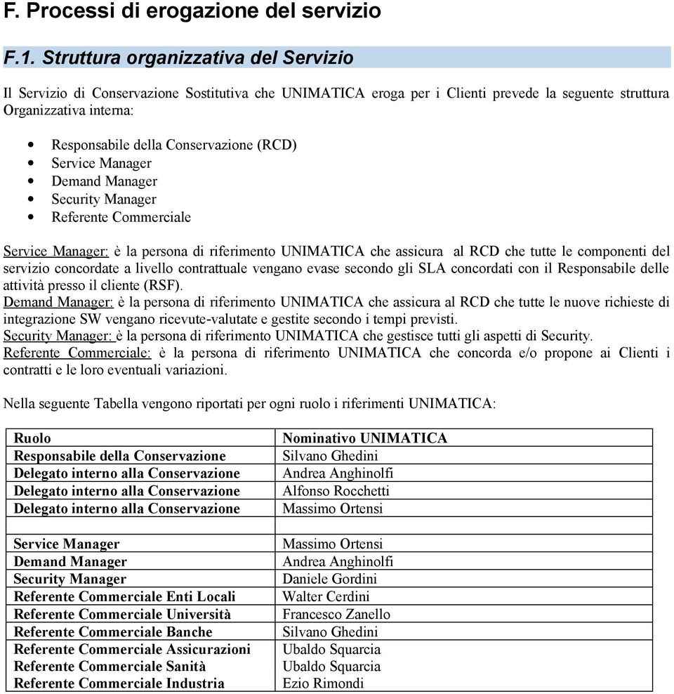 (RCD) Service Manager Demand Manager Security Manager Referente Commerciale Service Manager: è la persona di riferimento UNIMATICA che assicura al RCD che tutte le componenti del servizio concordate