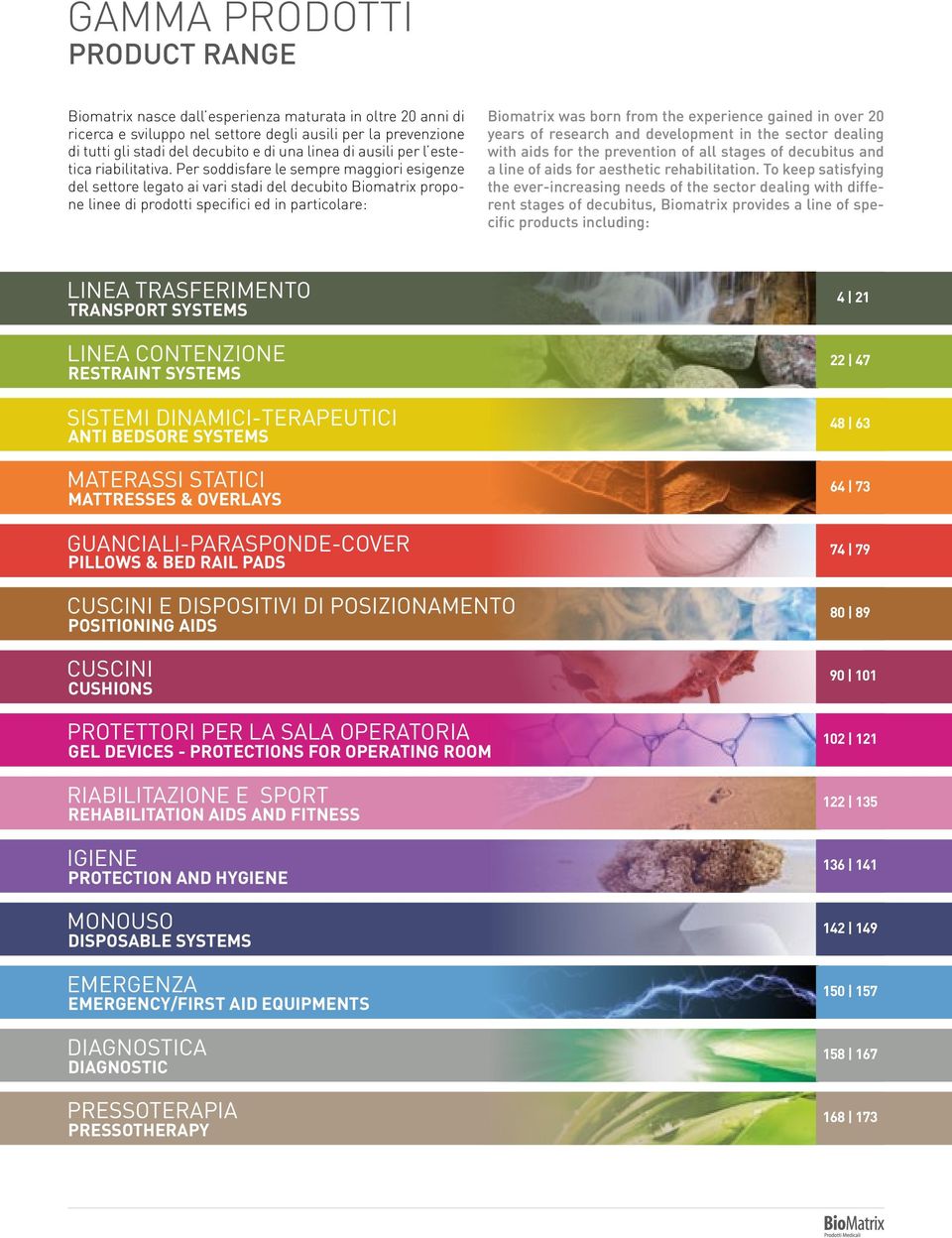 Per soddisfare le sempre maggiori esigenze del settore legato ai vari stadi del decubito Biomatrix propone linee di prodotti specifici ed in particolare: Biomatrix was born from the experience gained