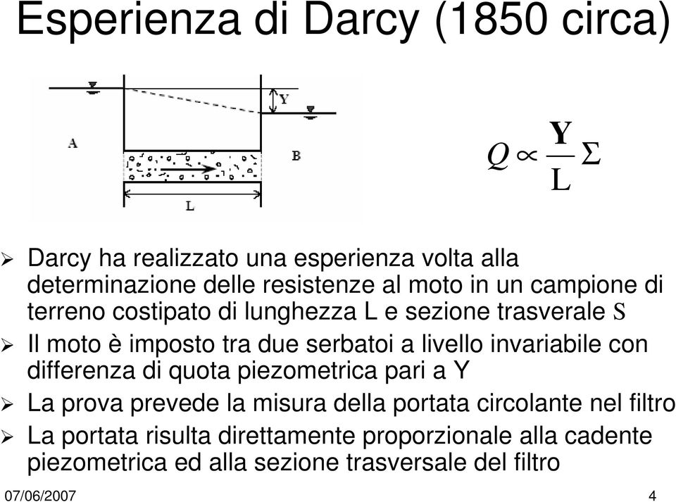 livello invariabile con differenza di quota piezometrica pari a Y La prova prevede la misura della portata circolante nel