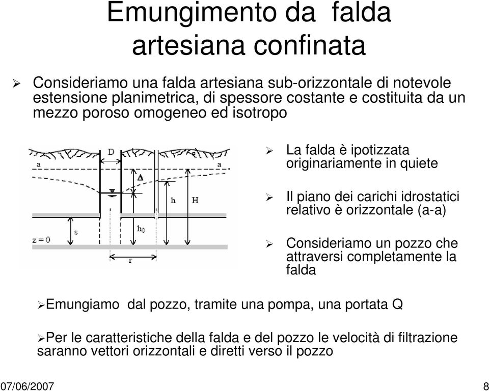 idrostatici relativo è orizzontale (a-a) Consideriamo un pozzo che attraversi completamente la falda Emungiamo dal pozzo, tramite una pompa,