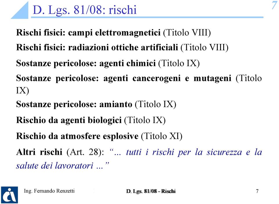 (Titolo VIII) Sostanze pericolose: agenti chimici (Titolo IX) Sostanze pericolose: agenti cancerogeni e mutageni