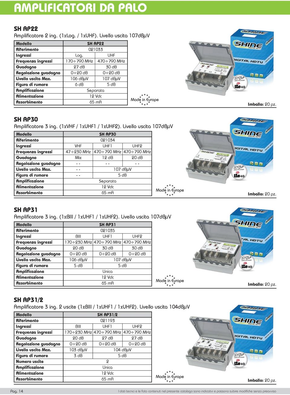 170 790 MHz 27 db 106 dbµv 6 db VHF 47 230 MHz Mix - - - - - - SH AP22 021033 Separata 12 Vdc 65 ma UHF 107 dbµv 5 db SH AP30 021034 UHF1 12 db - - 107 dbµv 5 db Separata 12 Vdc 65 ma UHF2 - - SH