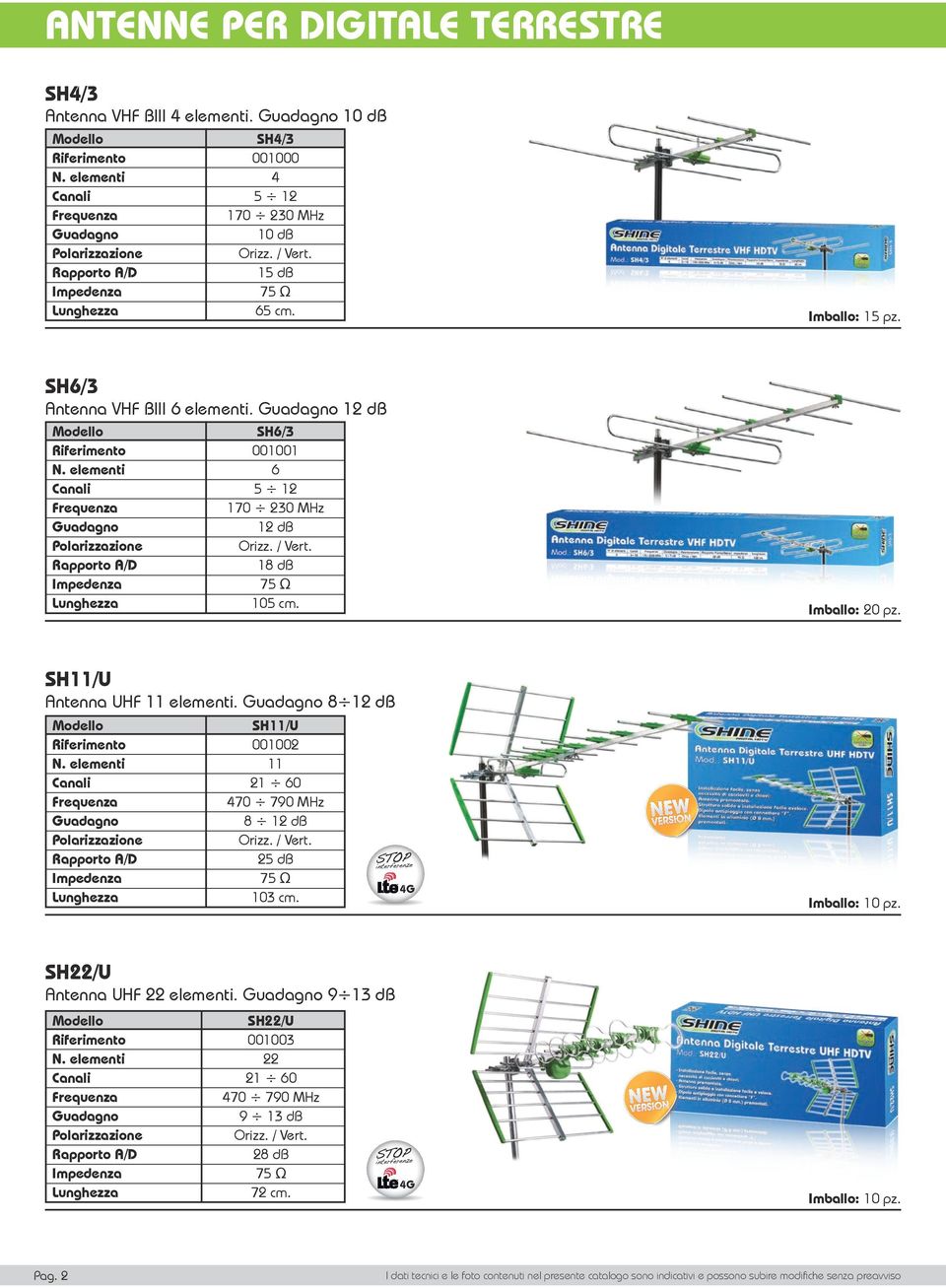 18 db 75 Ω 105 cm. SH11/U Antenna UHF 11 elementi. 8 12 db N. elementi Canali Polarizzazione Rapporto A/D Impedenza Lunghezza SH11/U 001002 11 21 60 470 790 MHz 8 12 db Orizz. / Vert.