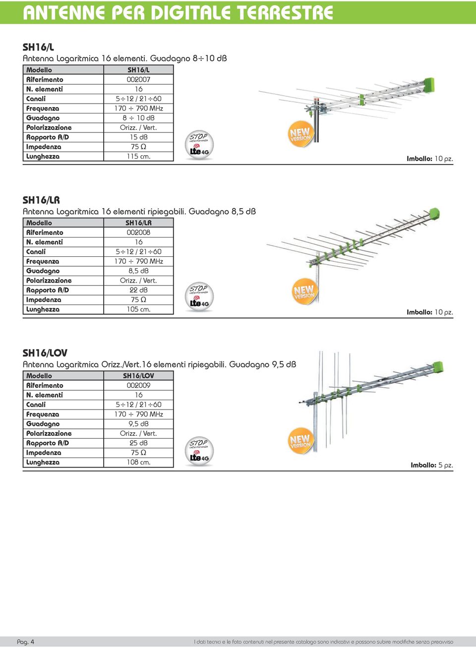 Imballo: SH16/LR Antenna Logaritmica 16 elementi ripiegabili. 8,5 db N. elementi Canali Polarizzazione Rapporto A/D Impedenza Lunghezza SH16/LR 002008 16 5 12 / 21 60 170 790 MHz 8,5 db Orizz. / Vert.