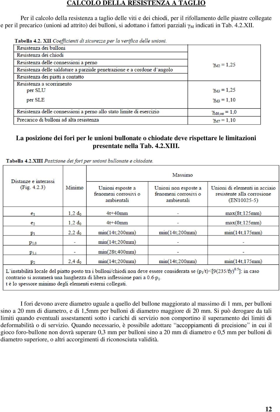 I fori devono avere diametro uguale a quello del bullone maggiorato al massimo di 1 mm, per bulloni sino a 20 mm di diametro, e di 1,5mm per bulloni di diametro maggiore di 20 mm.