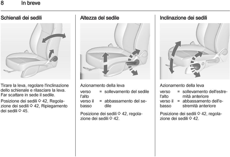 Azionamento della leva verso = sollevamento del sedile l'alto verso il = abbassamento del sedile basso Posizione dei sedili 3 42, regolazione dei sedili