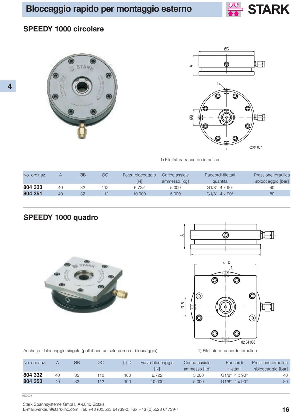 000 G1/8 4 x 90 80 SPEEDY 1000 quadro Anche per bloccaggio singolo (pallet con un solo perno di bloccaggio) 1) Filettatura raccordo idraulico No. ordinaz.