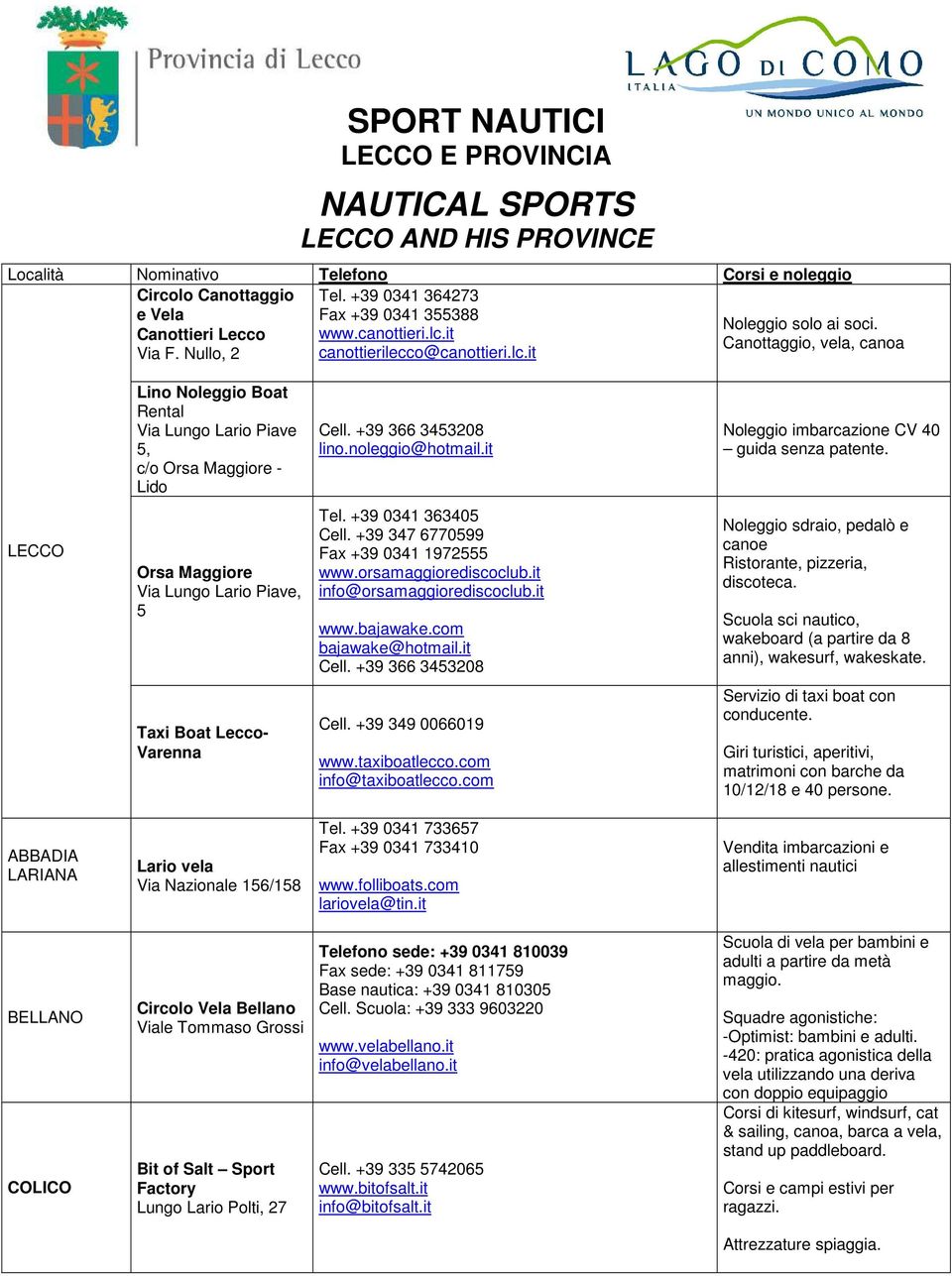 +39 366 3453208 lino.noleggio@hotmail.it Noleggio imbarcazione CV 40 guida senza patente. LECCO Orsa Maggiore Via Lungo Lario Piave, 5 Tel. +39 0341 363405 Cell.