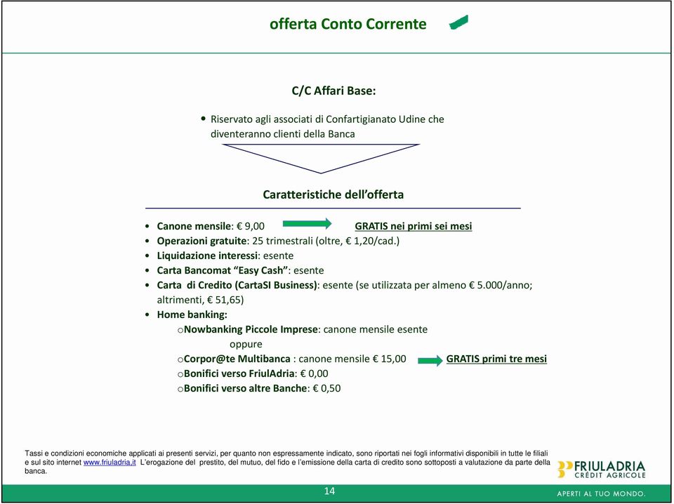 ) Liquidazione id i interessi: i esente Carta Bancomat Easy Cash :esente Carta di Credito (CartaSI Business): esente (se utilizzata per almeno 5.