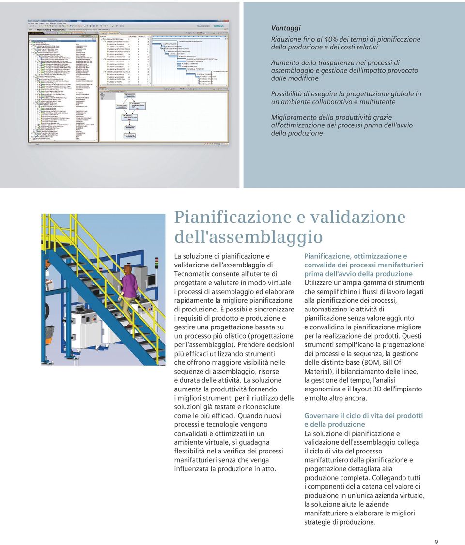 produzione Pianificazione e validazione dell'assemblaggio La soluzione di pianificazione e validazione dell'assemblaggio di Tecnomatix consente all'utente di progettare e valutare in modo virtuale i