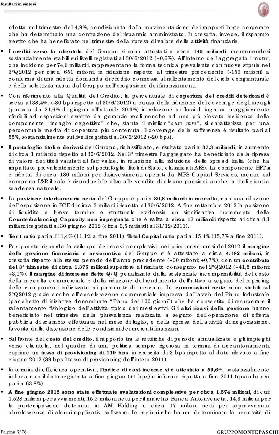 I crediti verso la clientela del Gruppo si sono attestati a circa 145 miliardi, mantenendosi sostanzialmente stabili sui livelli registrati al 30/6/2012 (+0,6%).