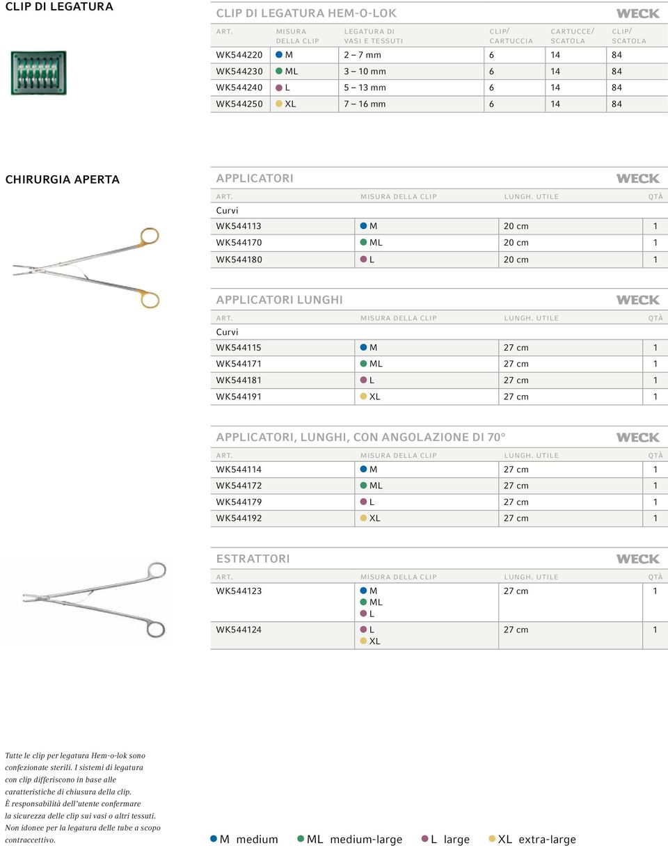 Scatola CHIRURGIA APERTA APPLICATORI Curvi WK544113 M 20 cm 1 WK544170 ML 20 cm 1 WK544180 L 20 cm 1 APPLICATORI LUNGHI Curvi WK544115 M 27 cm 1 WK544171 ML 27 cm 1 WK544181 L 27 cm 1 WK544191 XL 27