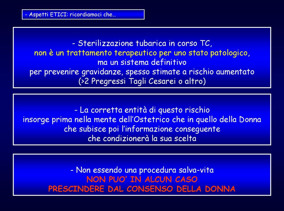 corretta entità di questo rischio insorge prima nella mente dell Ostetrico che in quello della Donna che subisce poi l informazione