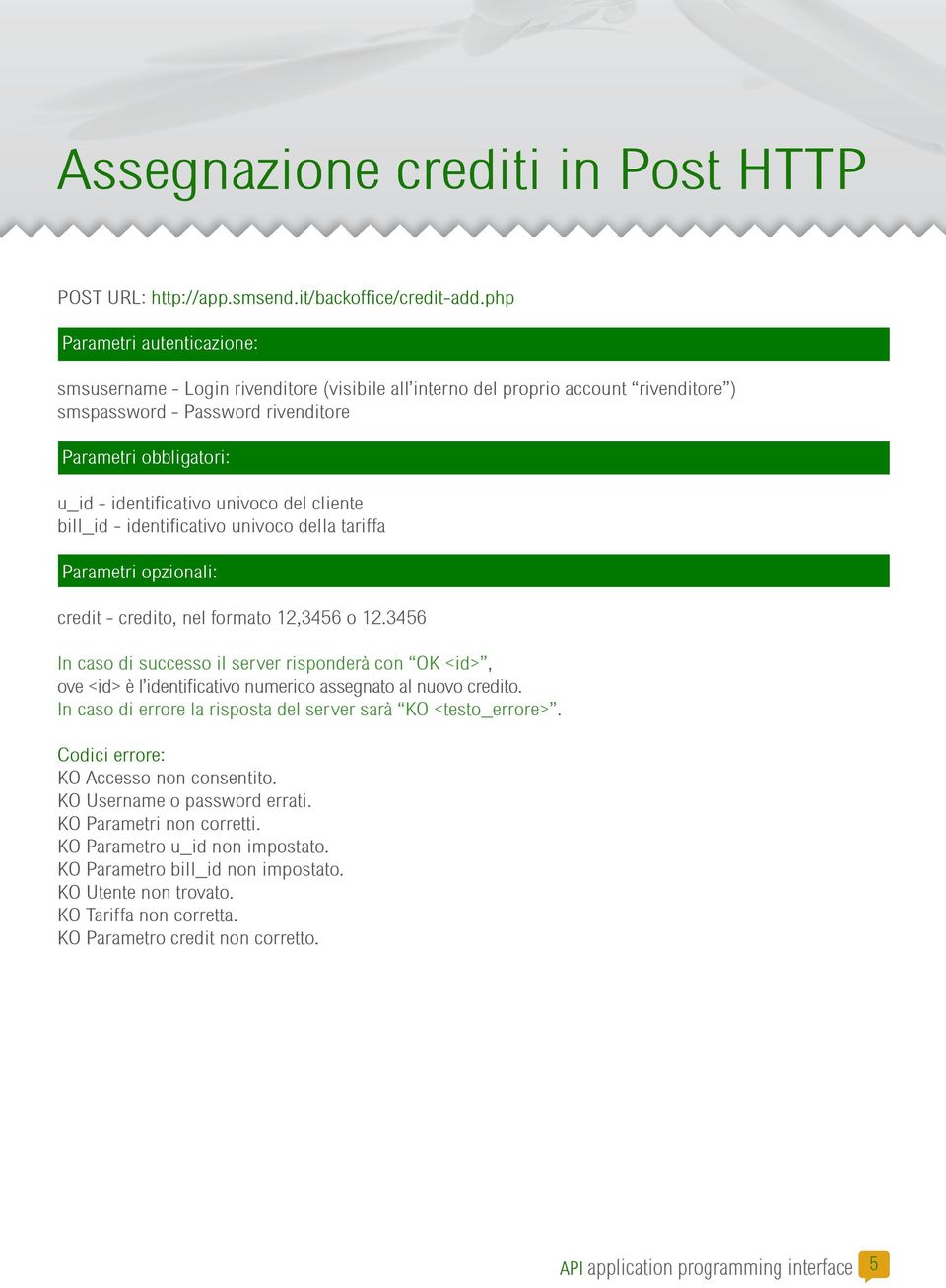 univoco della tariffa Parametri opzionali: credit - credito, nel formato 12,3456 o 12.