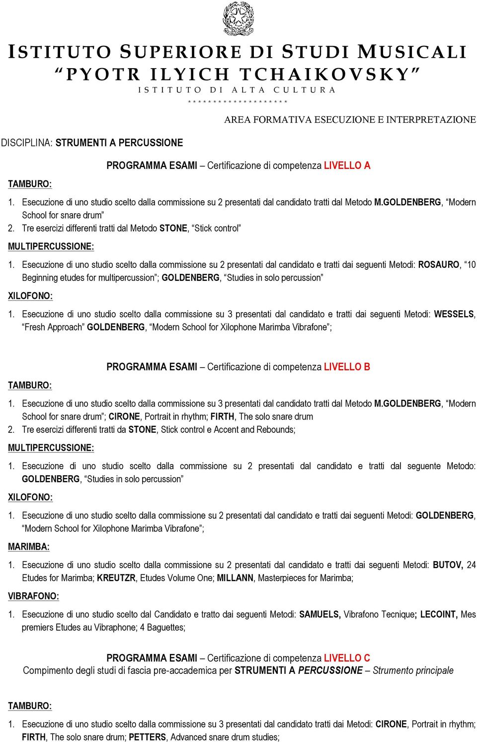 Esecuzione di uno studio scelto dalla commissione su 2 presentati dal candidato e tratti dai seguenti Metodi: ROSAURO, 10 Beginning etudes for multipercussion ; GOLDENBERG, Studies in solo percussion