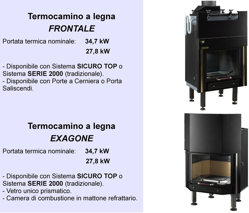 Termocamino a legna EXAGONE Portata termica nominale: 34,7 kw 27,8 kw - Disponibile con Sistema SICURO