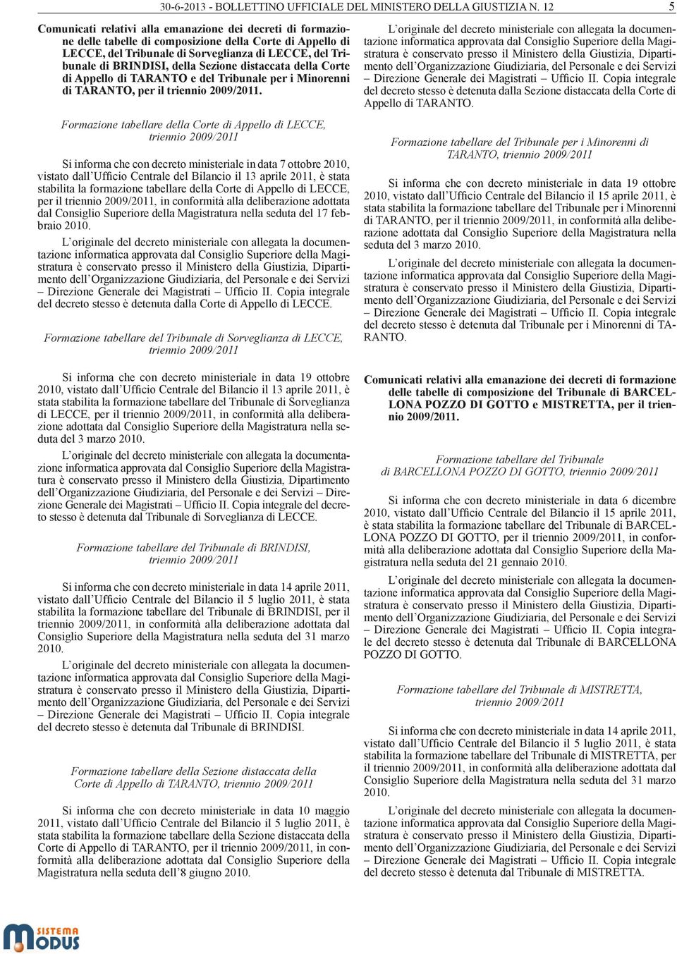 della Sezione distaccata della Corte di Appello di TARANTO e del Tribunale per i Minorenni di TARANTO, per il.