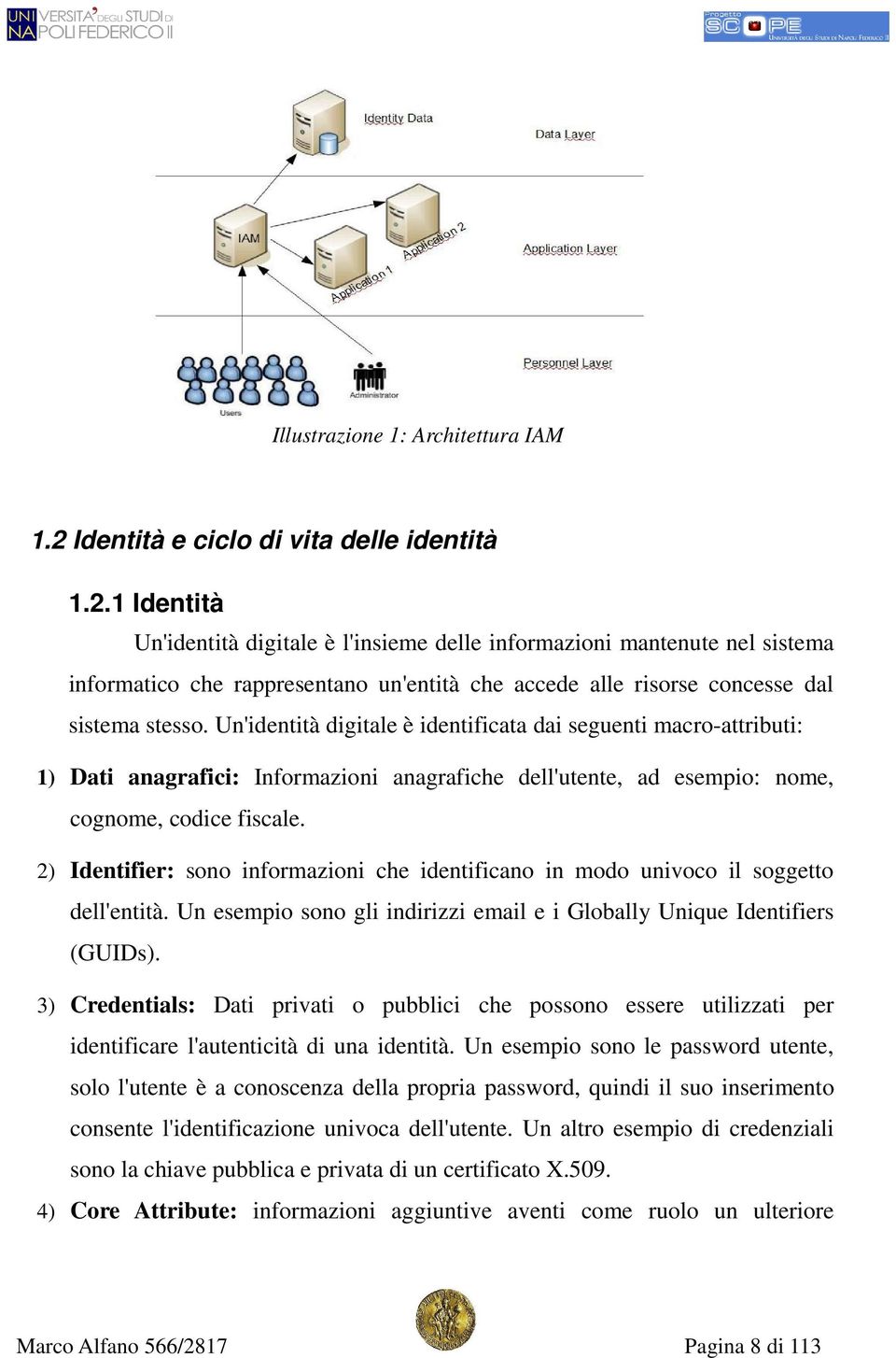 1 Identità Un'identità digitale è l'insieme delle informazioni mantenute nel sistema informatico che rappresentano un'entità che accede alle risorse concesse dal sistema stesso.