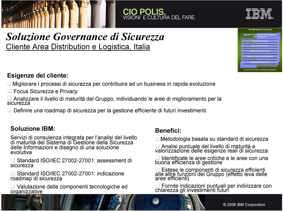 processi di sicurezza per contribuire ad un business in rapida evoluzione Focus Sicurezza e Privacy Analizzare il livello di maturità del Gruppo, individuando le aree di miglioramento per la