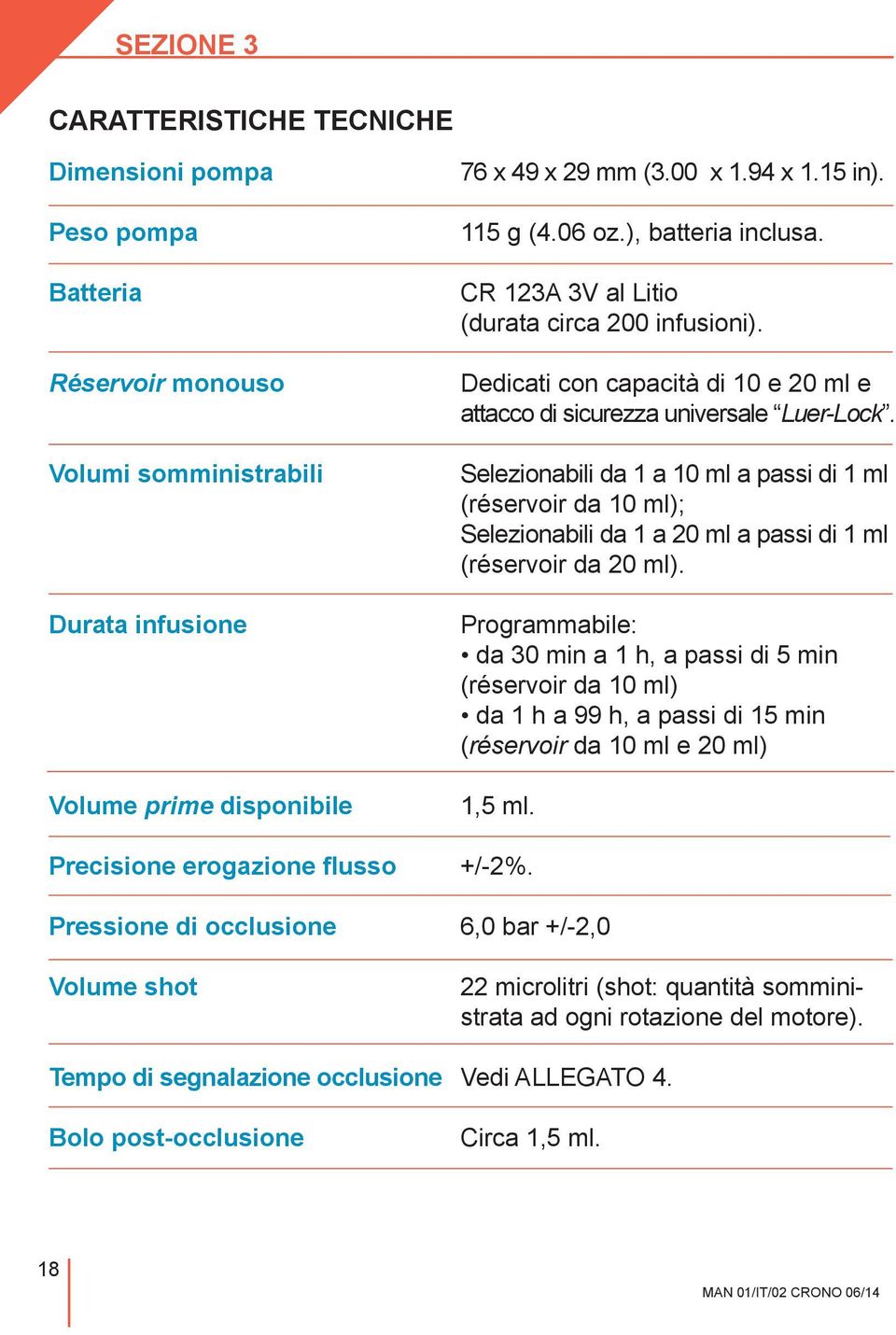 Selezionabili da 1 a 10 ml a passi di 1 ml (réservoir da 10 ml); Selezionabili da 1 a 20 ml a passi di 1 ml (réservoir da 20 ml).