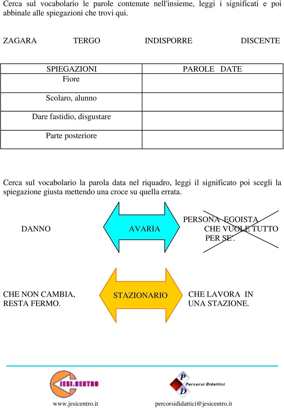 sul vocabolario la parola data nel riquadro, leggi il significato poi scegli la spiegazione giusta mettendo una croce su quella