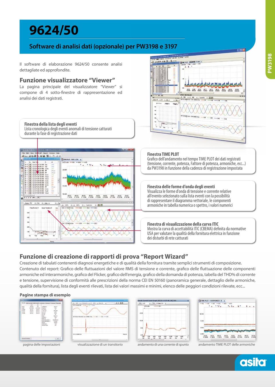 Finestra della lista degli eventi Lista cronologica degli eventi anomali di tensione catturati durante la fase di registrazione dati Finestra TIME PLOT Grafico dell andamento nel tempo TIME PLOT dei