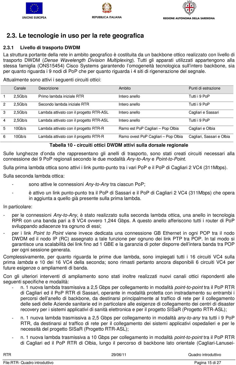 Tutti gli apparati utilizzati appartengono alla stessa famiglia (ONS15454) Cisco Systems garantendo l omogeneità tecnologica sull intero backbone, sia per quanto riguarda i 9 nodi di PoP che per