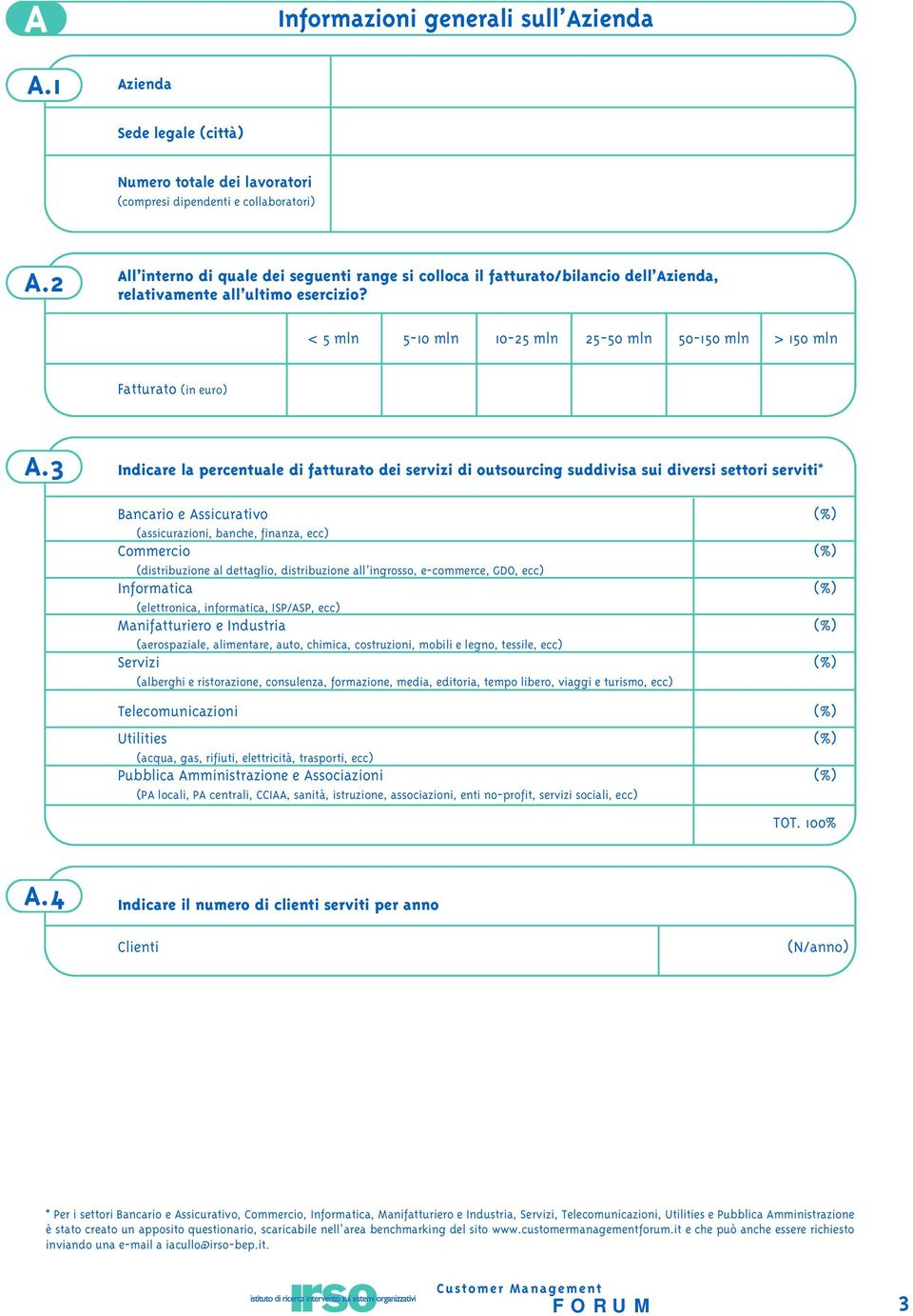 < 5 mln 5-10 mln 10-25 mln 25-50 mln 50-150 mln > 150 mln Fatturato (in euro) A.