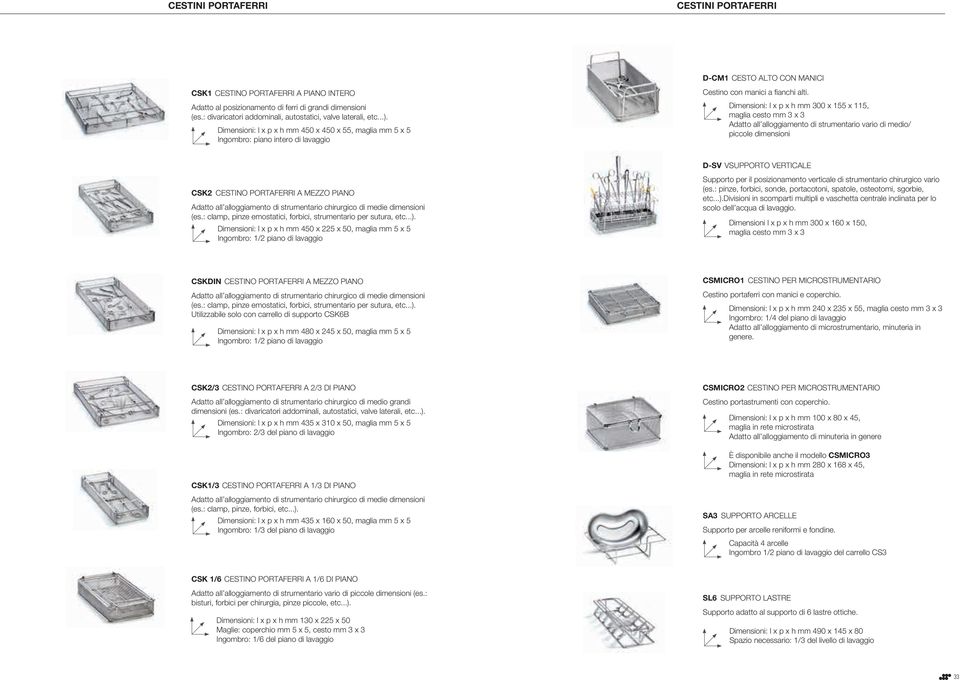 Dimensioni: l x p x h mm 300 x 155 x 115, maglia cesto mm 3 x 3 Adatto all alloggiamento di strumentario vario di medio/ piccole dimensioni D-SV VSUPPORTO VERTICALE CSK2 CESTINO PORTAFERRI A MEZZO