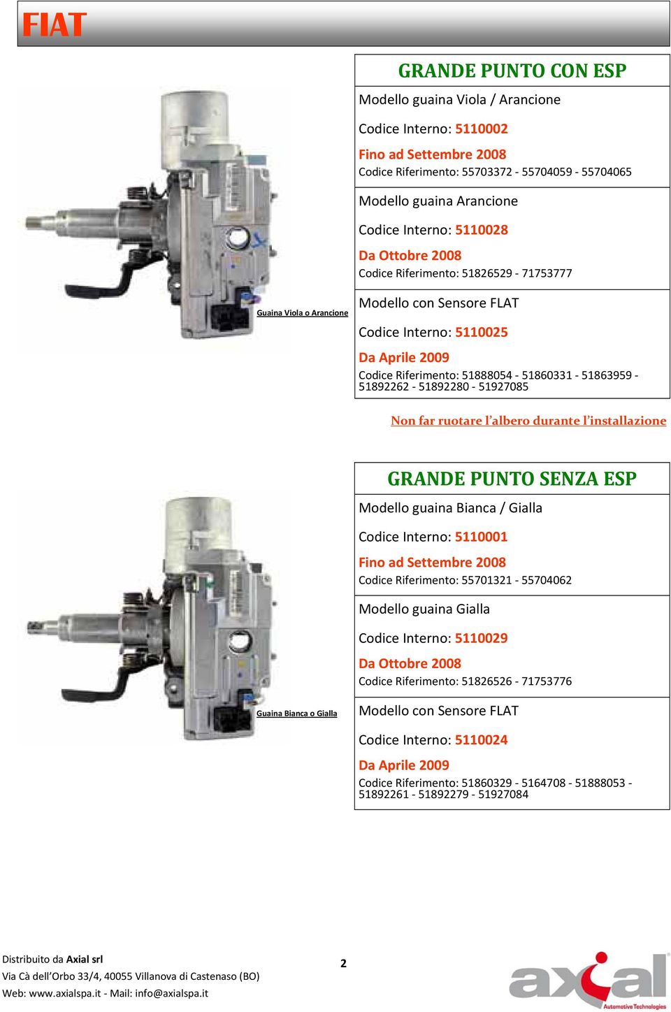 51892262 51892280 51927085 Non far ruotare l albero durante l installazione GRANDE PUNTO SENZA ESP Modello guaina Bianca / Gialla Codice Interno: 5110001 Fino ad Settembre 2008 Codice Riferimento: