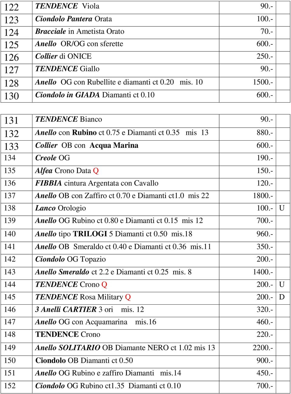 - 133 Collier OB con Acqua Marina 600.- 134 Creole OG 190.- 135 Alfea Crono Data Q 150.- 136 FIBBIA cintura Argentata con Cavallo 120.- 137 Anello OB con Zaffiro ct 0.70 e Diamanti ct1.0 mis 22 1800.