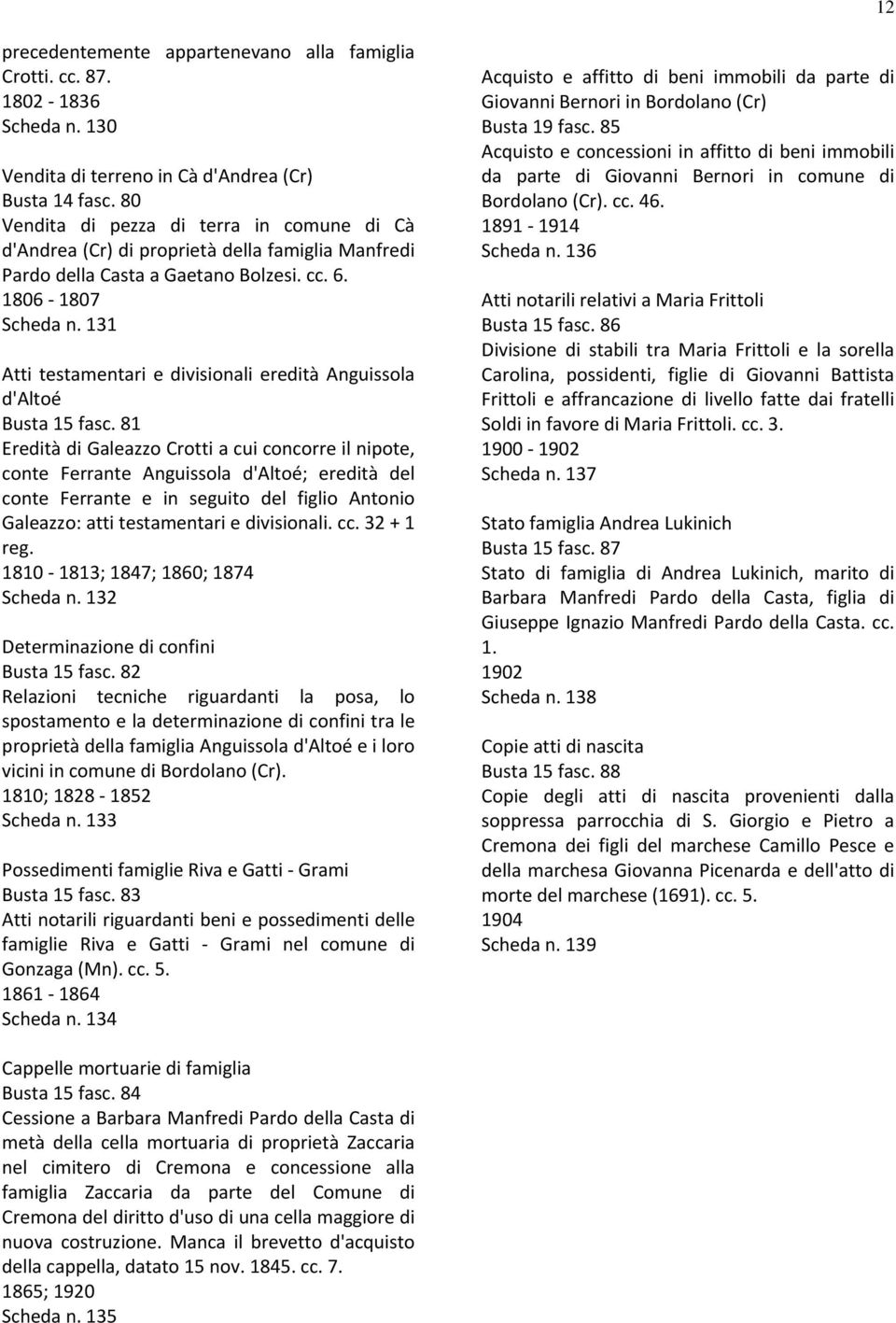 131 Atti testamentari e divisionali eredità Anguissola d'altoé Busta 15 fasc.