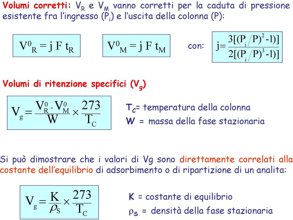 temperatura della colonna W = massa della fase stazionaria Si può dimostrare che i valori di Vg sono direttamente correlati alla costante