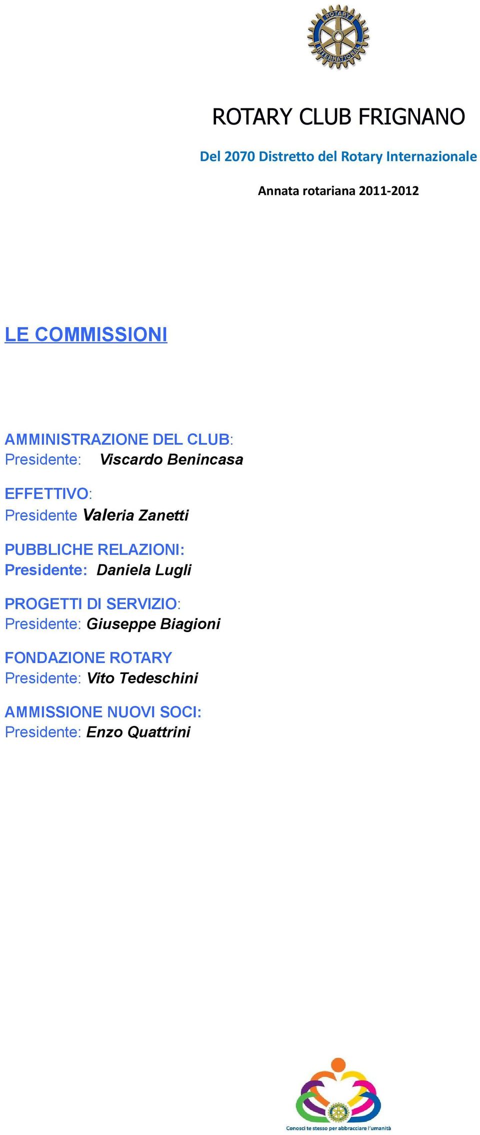 Zanetti PUBBLICHE RELAZIONI: Presidente: Daniela Lugli PROGETTI DI SERVIZIO: Presidente: Giuseppe