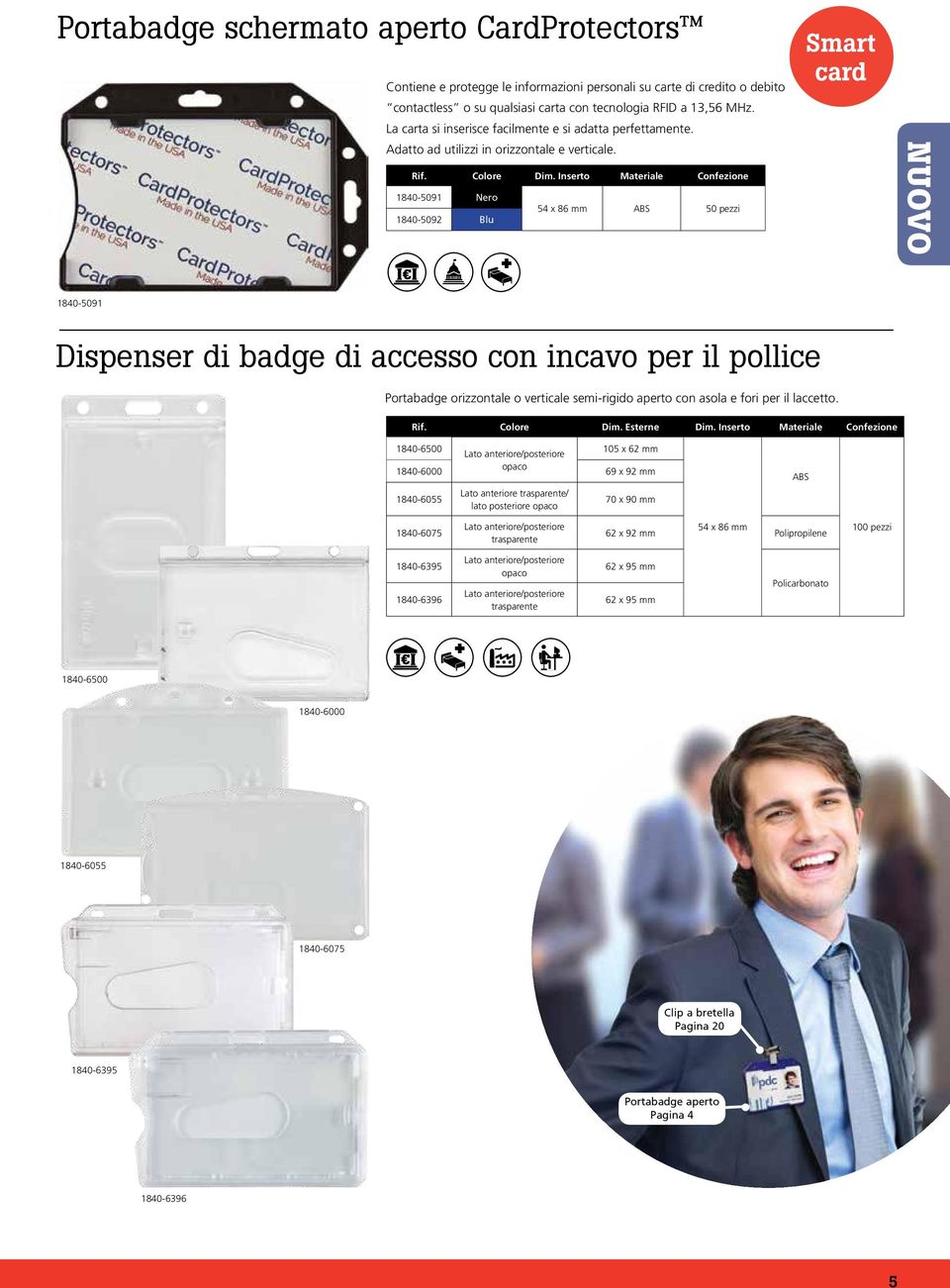 Inserto Materiale Confezione 1840-5091 Nero 54 x 86 mm ABS 50 pezzi 1840-5092 Blu Smart card NUOVO 1840-5091 Dispenser di badge di accesso con incavo per il pollice Portabadge orizzontale o verticale