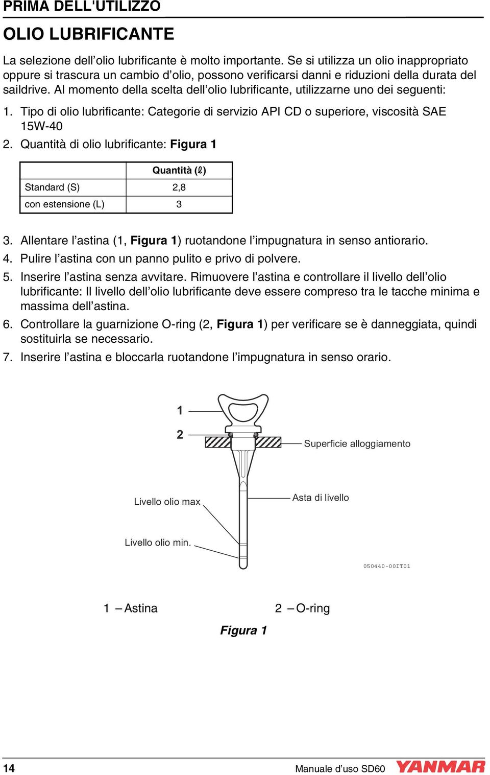 Al momento della scelta dell olio lubrificante, utilizzarne uno dei seguenti: 1. Tipo di olio lubrificante: Categorie di servizio API CD o superiore, viscosità SAE 15W-40 2.