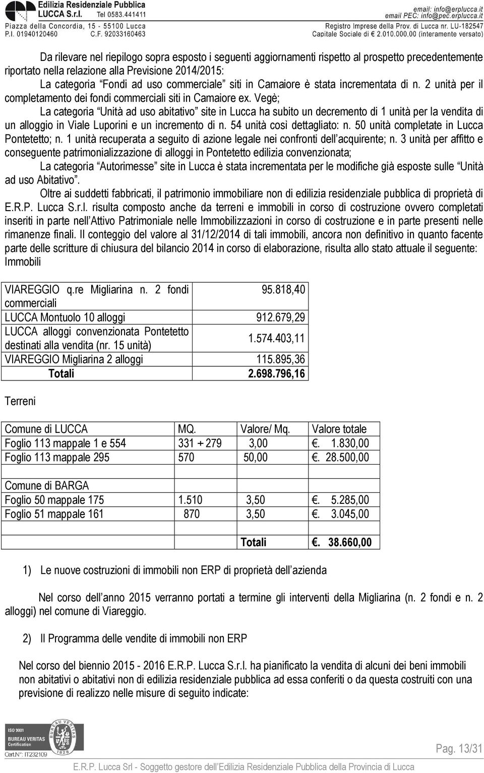 Vegè; La categoria Unità ad uso abitativo site in Lucca ha subito un decremento di 1 unità per la vendita di un alloggio in Viale Luporini e un incremento di n. 54 unità così dettagliato: n.