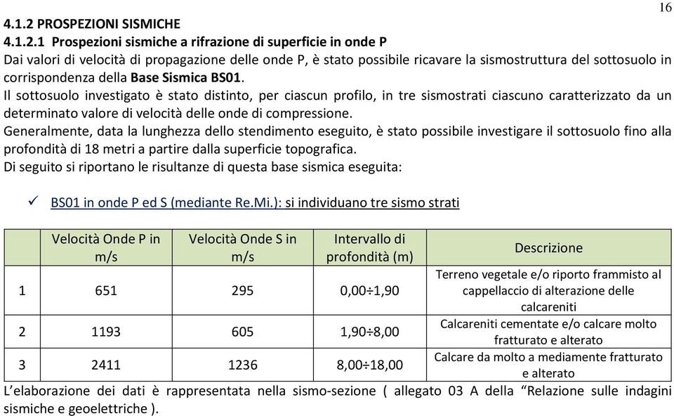 1 Prospezioni sismiche a rifrazione di superficie in onde P Dai valori di velocità di propagazione delle onde P, è stato possibile ricavare la sismostruttura del sottosuolo in corrispondenza della