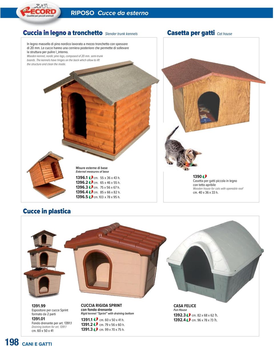 The kennels have hinges on the back which allow to lift the structure and clean the inside. Misure esterne di base External measures of base 1396.1 cm. 55 x 36 x 43 h. 1396.2 cm. 65 x 46 x 55 h. 1396.3 cm.