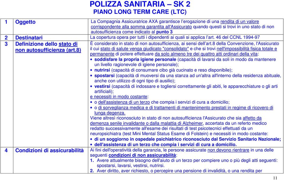 46 del CCNL 1994-97 3 Definizione dello stato di non autosufficienza (art.8) È considerato in stato di non autosufficienza, ai sensi dell art.