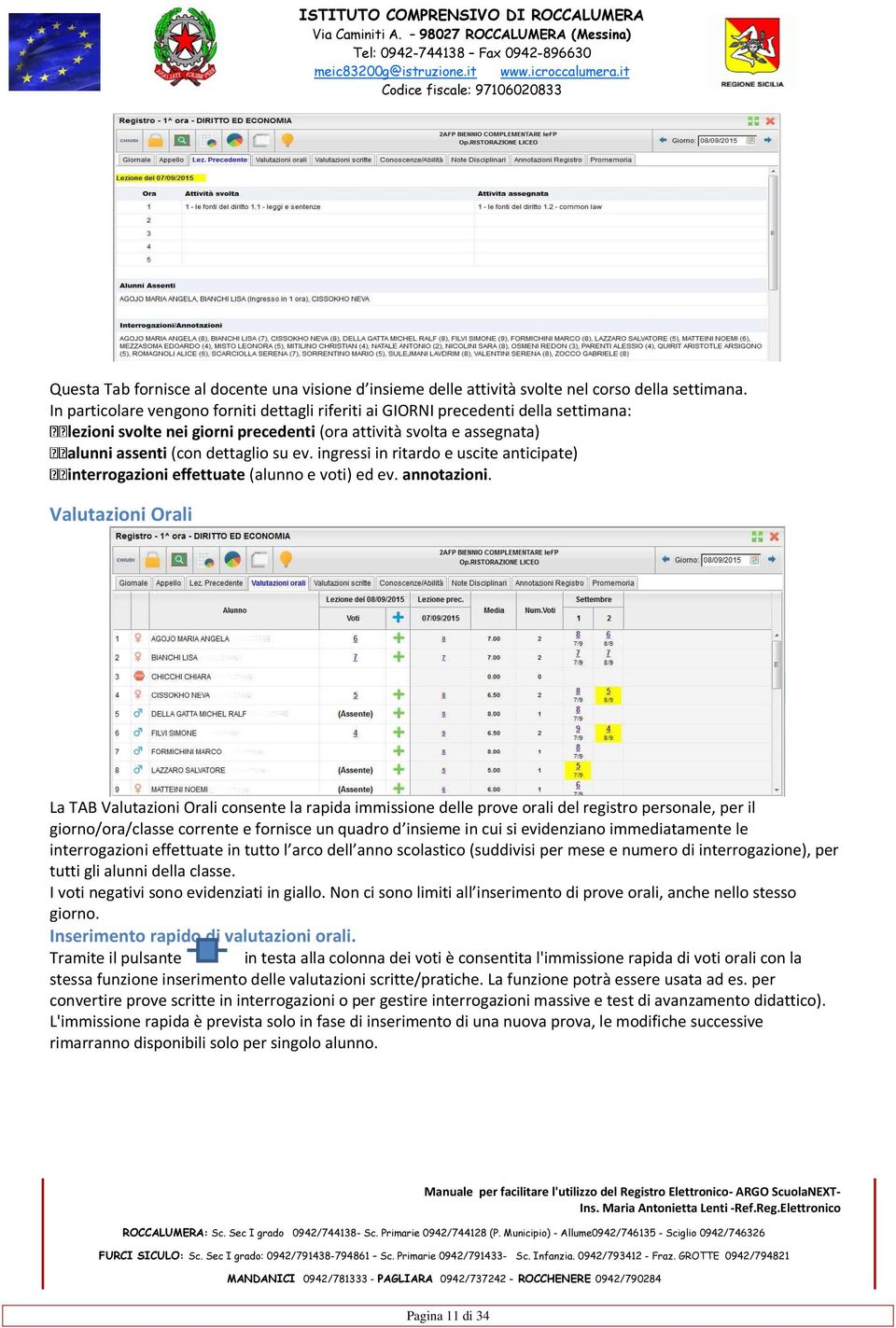 ingressi in ritardo e uscite anticipate) interrogazioni effettuate (alunno e voti) ed ev. annotazioni.