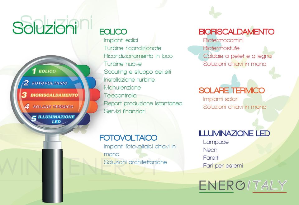 Servizi finanziari FOTOVOLTAICO Impianti fotovoltaici chiavi in mano Soluzioni architettoniche BIORISCALDAMENTO Biotermocamini Biotermostufe Caldaie