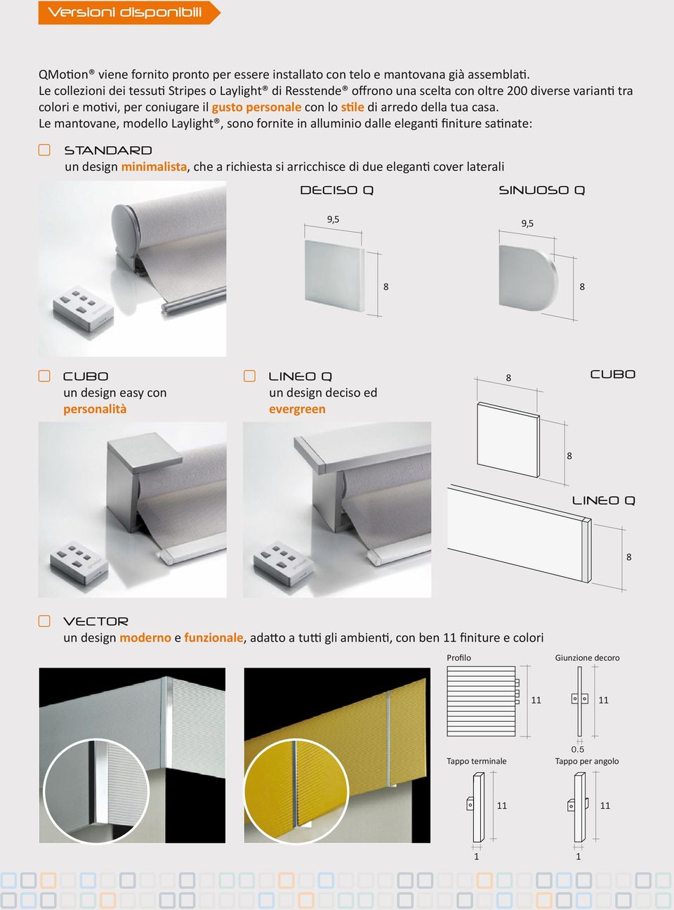 casa. Le mantovane, modello Laylight, sono fornite in alluminio dalle eleganti finiture satinate: STANDARD un design minimalista, che a richiesta si arricchisce di due eleganti cover laterali