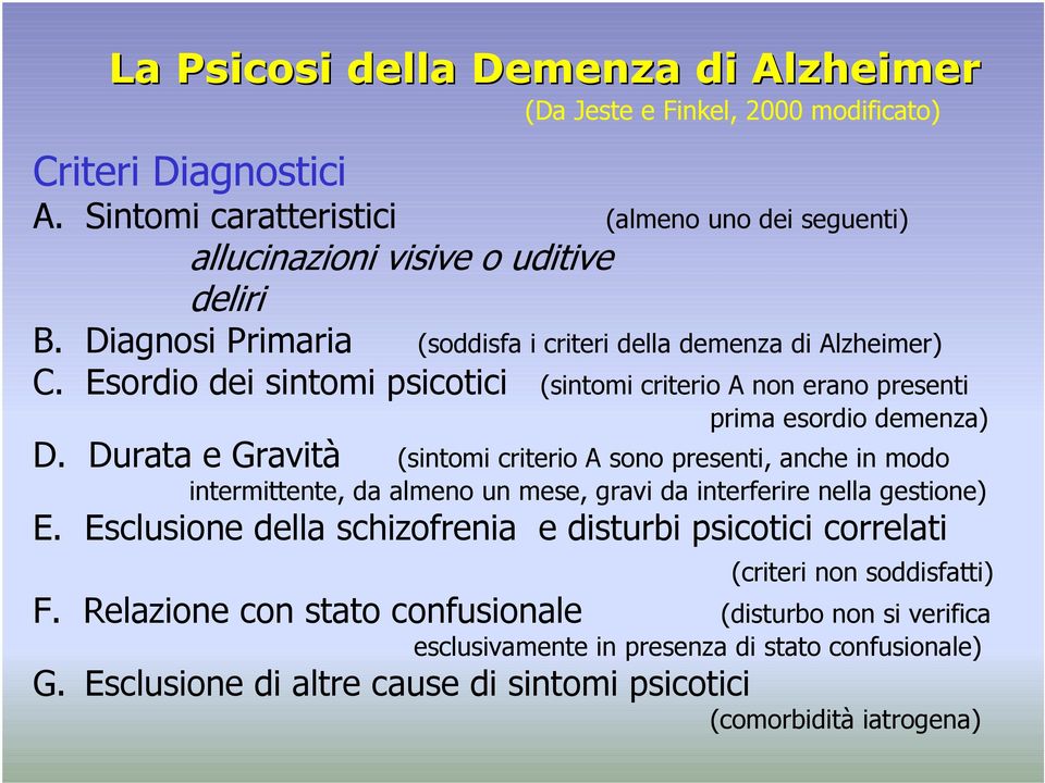 Durata e Gravità (sintomi criterio A sono presenti, anche in modo intermittente, da almeno un mese, gravi da interferire nella gestione) E.