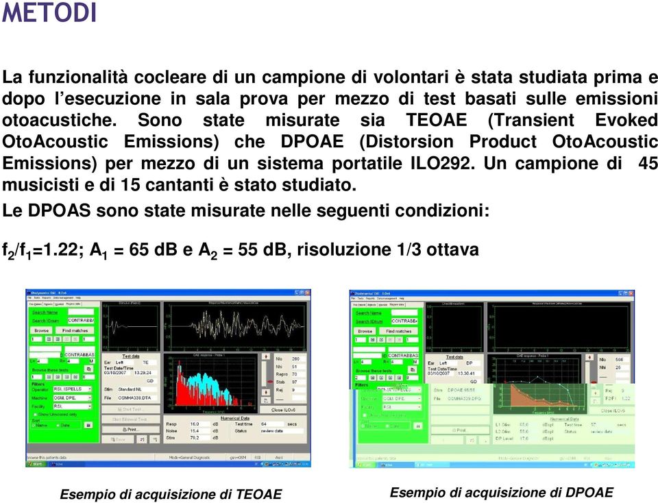 Sono state misurate sia TEOAE (Transient Evoked OtoAcoustic Emissions) che DPOAE (Distorsion Product OtoAcoustic Emissions) per mezzo di un sistema