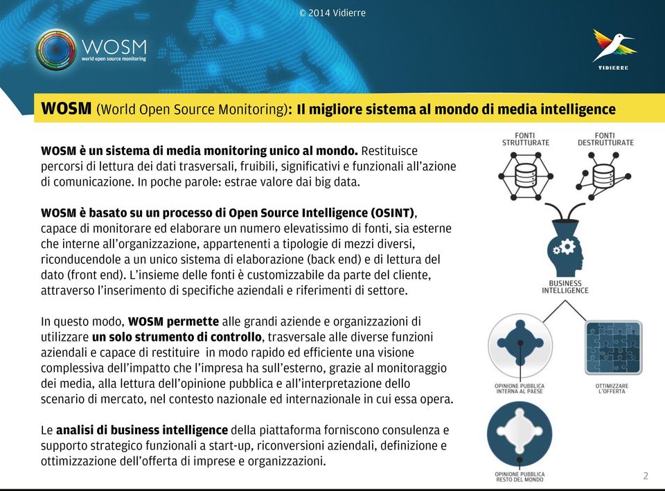 WOSM è basato su un processo di Open Source Intelligence (OSINT), capace di monitorare ed elaborare un numero elevatissimo di fonti, sia esterne che interne all organizzazione, appartenenti a