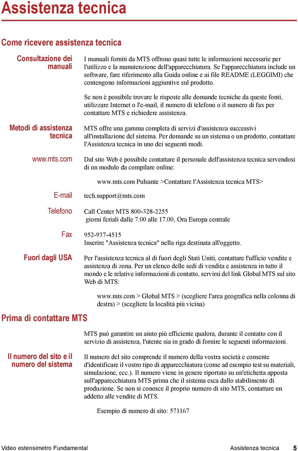 Se non è possibile trovare le risposte alle domande tecniche da queste fonti, utilizzare Internet o l'e-mail, il numero di telefono o il numero di fax per contattare MTS e richiedere assistenza.