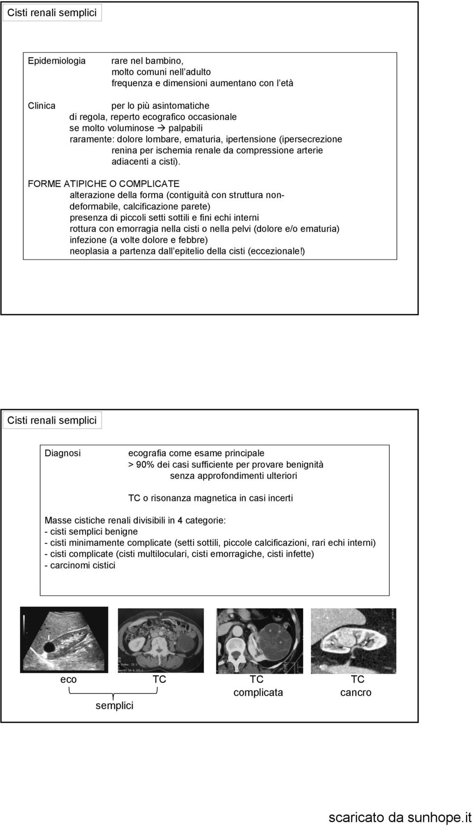 FORME ATIPICHE O COMPLICATE alterazione della forma (contiguità con struttura nondeformabile, calcificazione parete) presenza di piccoli setti sottili e fini echi interni rottura con emorragia nella