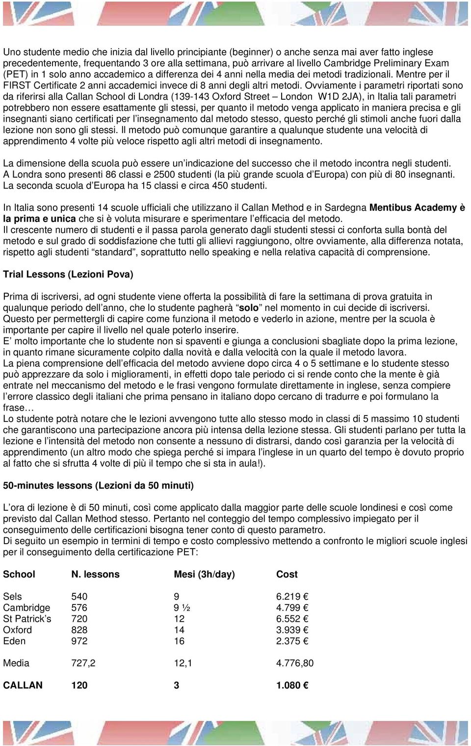 Ovviamente i parametri riportati sono da riferirsi alla Callan School di Londra (139-143 Oxford Street London W1D 2JA), in Italia tali parametri potrebbero non essere esattamente gli stessi, per